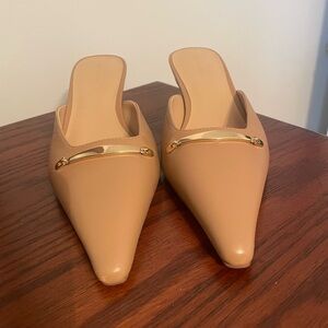 Ann Taylor Elegant Tan Mules with Gold Accent
